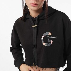 New Amsterdam Sz Medium Black Cropped Hoodie Raw Hem Streetwear Sporty Grunge